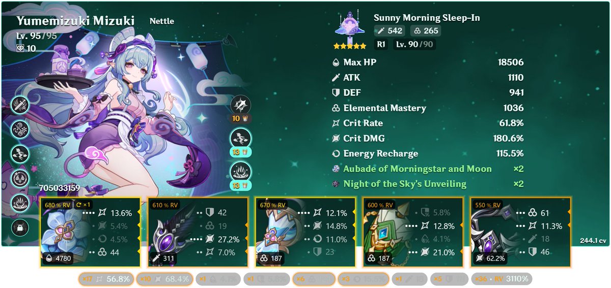 NettlesBurger's tweet photo. @iovelykin I think I get around 520k as highest but she's also C5 and I have her Sig. 
Your goal should still be to have 1000 EM, so I recommend 2/2 piece, that way you can still build a lot of crit/rate as well.  💜 https://t.co/reyb5eM0Oj
