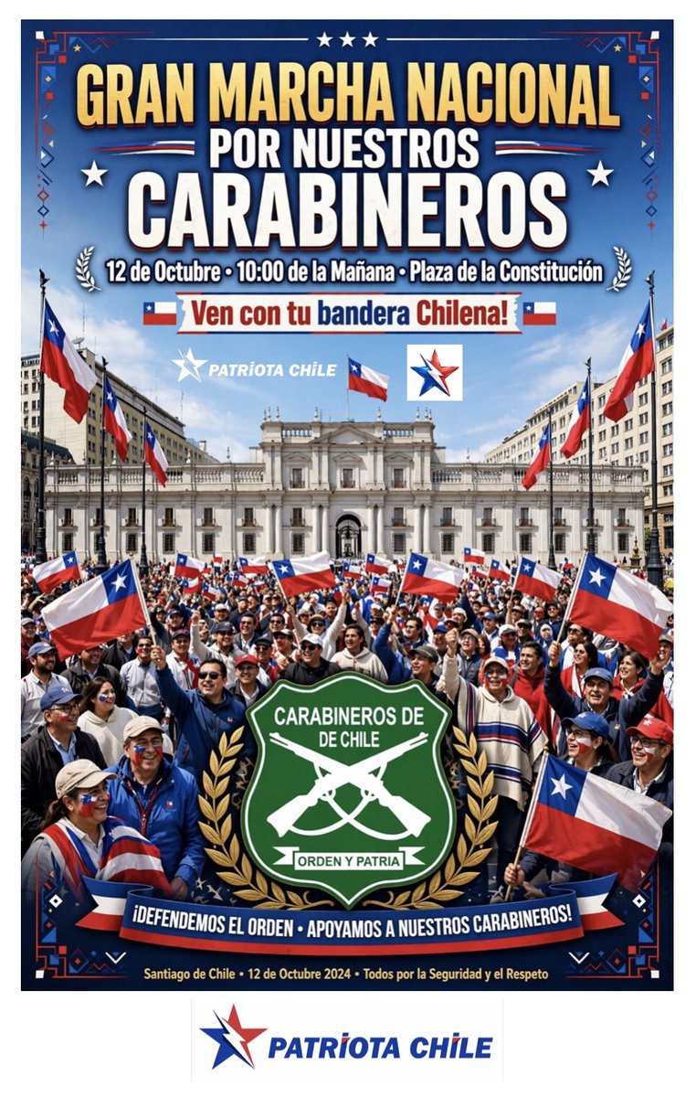 Soubirous_33's tweet photo. 🔴 #URGENTE | Patriotas, este 12 de Octubre GRAN MARCHA NACIONAL en TODO Chile. Salgamos TODOS los Patriotas que Amamos a Nuestros HÉROES, Nuestros Carabineros. En Santiago… 
Lunes 12 de Octubre - 10:00 am - Moneda con Morande 
Plaza de la Constitución. RT #MarchaPorCarabineros https://t.co/nTkBhWzE6e