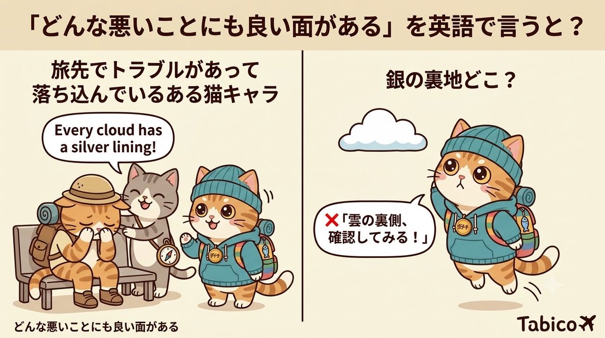 tabico_eigo's tweet photo. "Every cloud has a silver lining."

直訳すると
すべての雲には銀の裏地がある。

でも実際は

「どんな悪いことにも
良い面がある」

旅のトラブルが
思い出になるように。

Follow for daily English tips 🐱✈️
#英語学習 #英会話 #英語 #ポテチさん https://t.co/wAQPzx2dwb