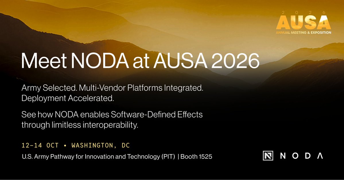 NODA_AI_atx's tweet photo. Join @NODA_AI_atx at AUSA 2026! 

NODA delivers Mission Command for Autonomous Forces—translating commander’s intent into Software-Defined Effects across vendors, platforms, and domains. 
 
See our latest autonomous interoperability success in the @USARMYPIT Innovator’s Corner–Booth 1525. 
 
Schedule a meeting: https://t.co/NAFFbLicg6
 
#AUSA2026 #AutonomousSystems #DefenseTech #SDFX