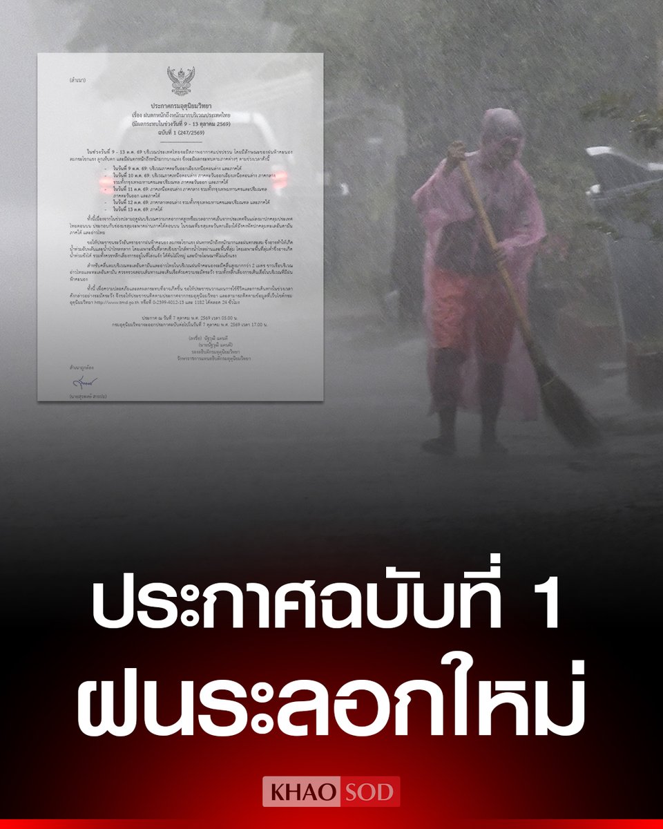 KhaosodOnline's tweet photo. #กรมอุตุฯ ประกาศฉบับที่ 1 ฝนตกหนักถึงหนักมาก ระลอกใหม่ 9-13 ต.ค.นี้ อากาศแปรปรวน ฝนฟ้าคะนอง ลมกระโชกแรง ลูกเห็บตก กทม.และปริมณฑล โดนเต็ม ๆ 3 วัน
.
#กรมอุตุนิยมวิทยา #พยากรณ์อากาศ #ฝนตกน้ำท่วม https://t.co/mSouTNY6WS
