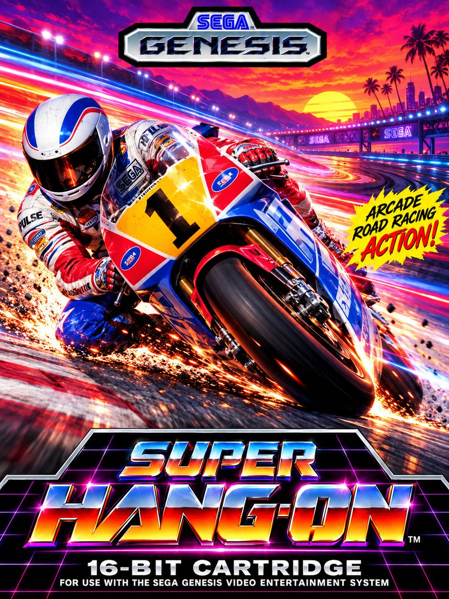 MrAxelStone's tweet photo. Happy 37th Super Hang-On!! What if AI created the case art lol. #Sega #HangOn #Racing #Consoles #Retro #RetroGamer #RetroGaming https://t.co/Fd1hcLPzQ1