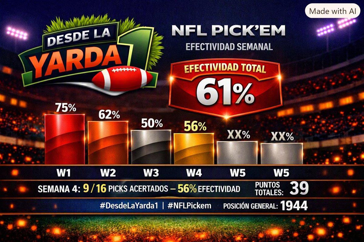 desdelayarda1's tweet photo. 📊 Efectividad total: 61 % en el #NFLPickem

Semana 4 con 9/16 picks acertados (56 %), acumulando 39 puntos y posición general 1944.

🔥 Cuatro semanas de batalla, seguimos peleando yardas desde la yarda 1.

#DesdeLaYarda1 #NFLPickem https://t.co/ZZs4dGo4Al