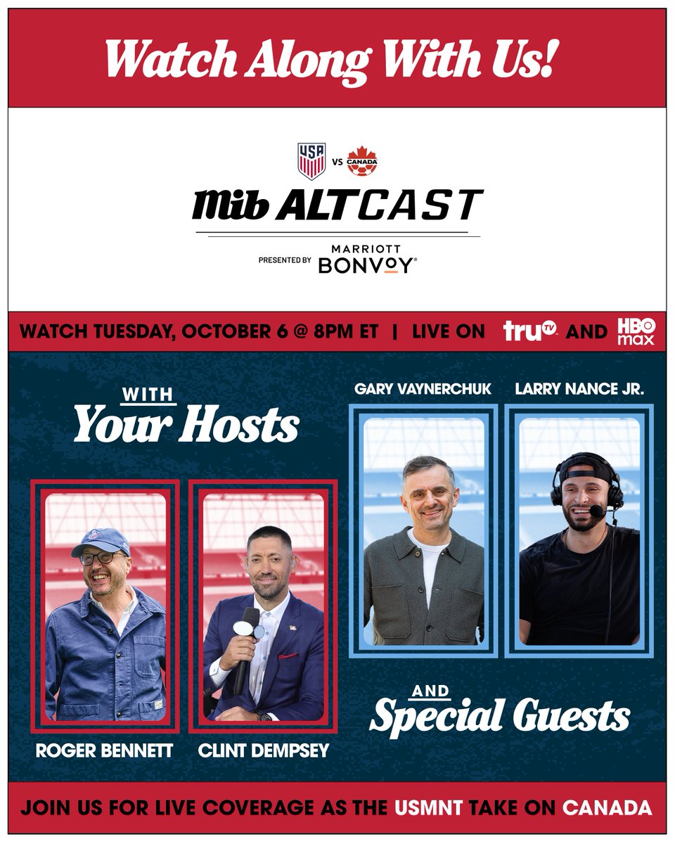 MenInBlazers's tweet photo. JOIN US RIGHT NOW ON TRUTV + HBO MAX FOR THE MiB ALTCAST pres. by Marriott Bonvoy 🇺🇸🇨🇦

Rog + Clint Dempsey watch the USMNT take on Canada with you, entrepreneur Gary Vaynerchuk &amp; NBA star + Leeds United part-owner Larry Nance Jr.

📺 COME JOIN US: https://t.co/40y1m1QzMp https://t.co/YskR590p3d