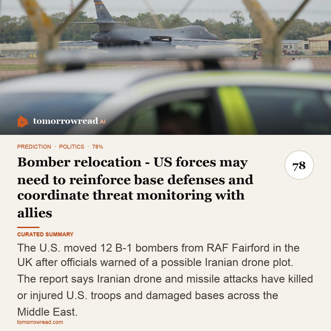 tomorrowread's tweet photo. Anduril wins $2.9B U.S. Navy submarine shipyard contract. Yemen fighting intensifies near Bab el-Mandeb; U.S. moves 12 B-1 bombers from RAF Fairford after reported Iran drone threat.

https://t.co/ixzxh9KHch

#TomorrowRead #AI #WorldNews #Foresight #News https://t.co/dNrPPcyhSs