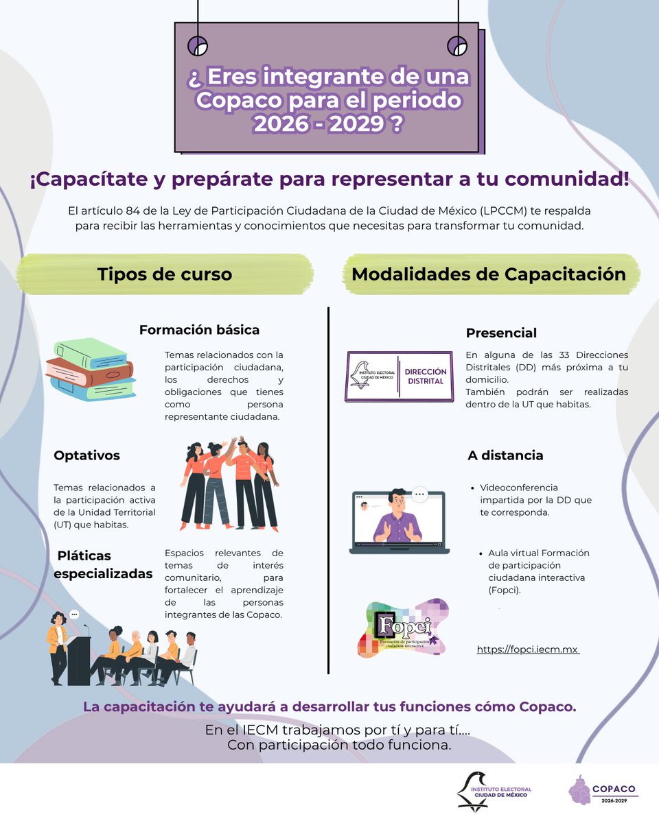 Distrito27IECM's tweet photo. Si eres integrante de las #COPACOS, capacítate y prepárate para representar a tu comunidad.
El #IECM cuenta con diferentes modalidades para la capacitación.
Ubica la Dirección Distrital más cercana. https://t.co/gq1xVFkl7t
#ConParticipaciónTodoFunciona https://t.co/pxLkVQDU3K