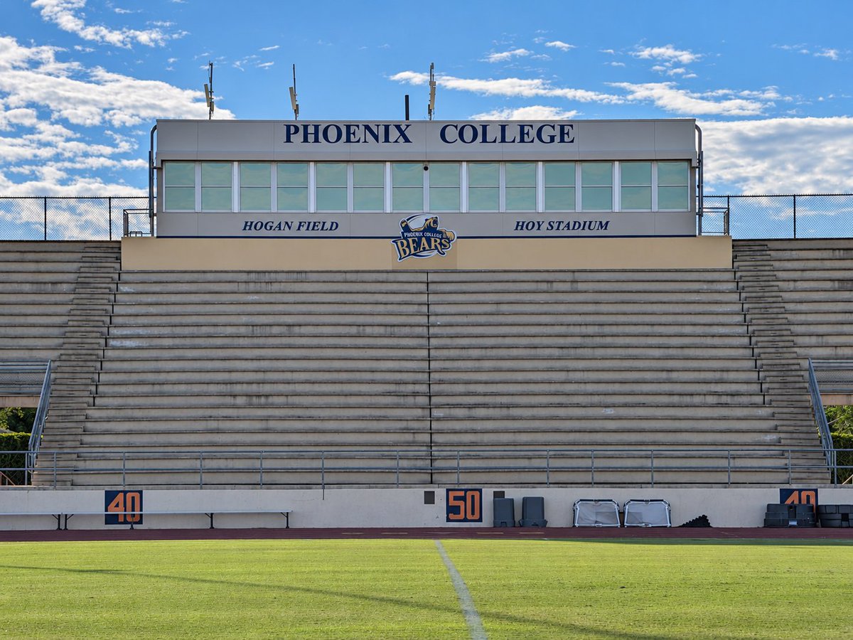 savejucoball's tweet photo. Over the next several posts, we’ll visit the former home fields of all four programs and see what remains today. This week, our stop is at Phoenix College — Hogan Field at Hoy Stadium. In 1964, the Phoenix College Bears won the first NJCAA National Football Championship under Coach Thomas Hogan.

What do you remember about Phoenix College football?

This Saturday, October 10, members of that championship team will join John Crow, Ryan Caracciolo, and Susan Winder for a special live conversation about the season, the trip to Savannah, and what that title has meant to them ever since.
The event will be streamed live on YouTube. The link will be posted when available.

Facebook event:
https://t.co/mCeuS5mkef

#PhoenixCollege #JUCOFootball #SaveJUCOFootball