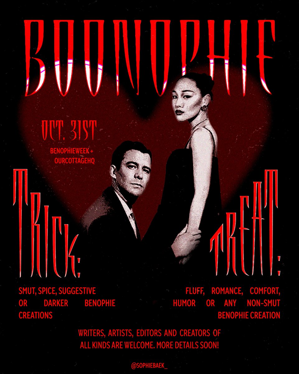 Benophie_Week's tweet photo. 🎃 BOONOPHIE is coming this October 31!

A one-day Benophie Halloween event in collaboration with @OurCottageHQ 

👻 TRICK — smut/spicy creations
🍬 TREAT — fluff/non-smut creations
🖤 Or choose both!

More details and activities coming soon #Boonophie
🎨 @sophiebaek_ ♥️ https://t.co/isF2KstN2C