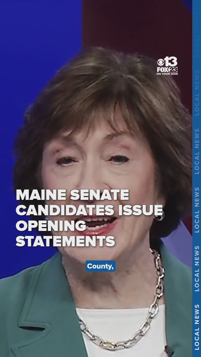 Close-up of Susan Collins smiling during a televised debate, with FOX 23 logo and text 'MAINE SENATE CANDIDATES ISSUE OPENING STATEMENTS' and 'County,' visible.