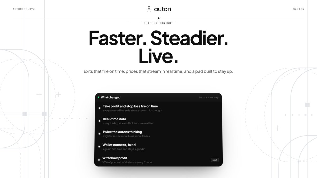 autonxyz's tweet photo. Shipped just now...

• TP + SL now fire on time
• 2x the autons thinking, faster + steadier servers
• Real-time trade and price data
• Wallet connect fixed

Coming next: withdraw 5% of your agents balance daily, paced so the economy never crashes.

https://t.co/rQ5wI3FIXa https://t.co/KGa7h8xdqQ