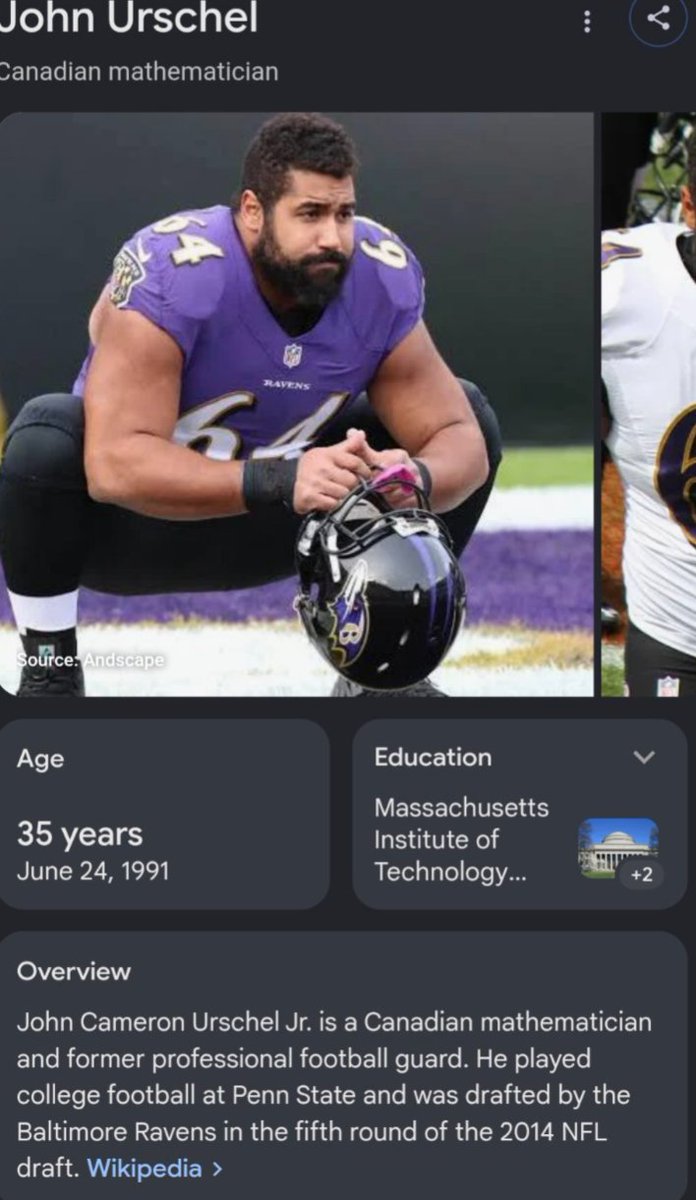 CityBureaucrat's tweet photo. Urschel was an NFL offensive lineman. While his maths breakthrough is impressive, it's important to note that he scored 5 points lower than journeyman QB Ryan Fitzpatrick (dba Fitzmagic) on the g-loaded wonderlic test. To date, I believe Fitzpatrick's 48/50 remains the highest of all time.

Fitzpatrick's academic achievements include drinking whiskey, running around stadiums in the nude in front of reporters, and eating a 72-ounce steak in front his wife and children to close out the 2011 season.