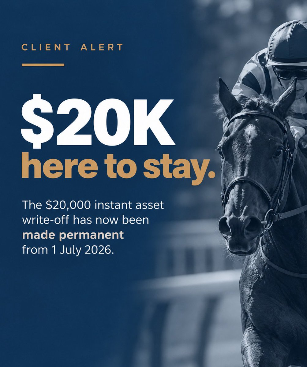 StableFinancial's tweet photo. The $20k instant asset write-off is now permanent from 1 July 2026.

Small businesses with turnover under $10m may be able to immediately deduct assets under $20k.  

Primary producers may have additional concessions.

Planning an asset purchase? Contact Stable Financial first. https://t.co/wFpFcmcGbn