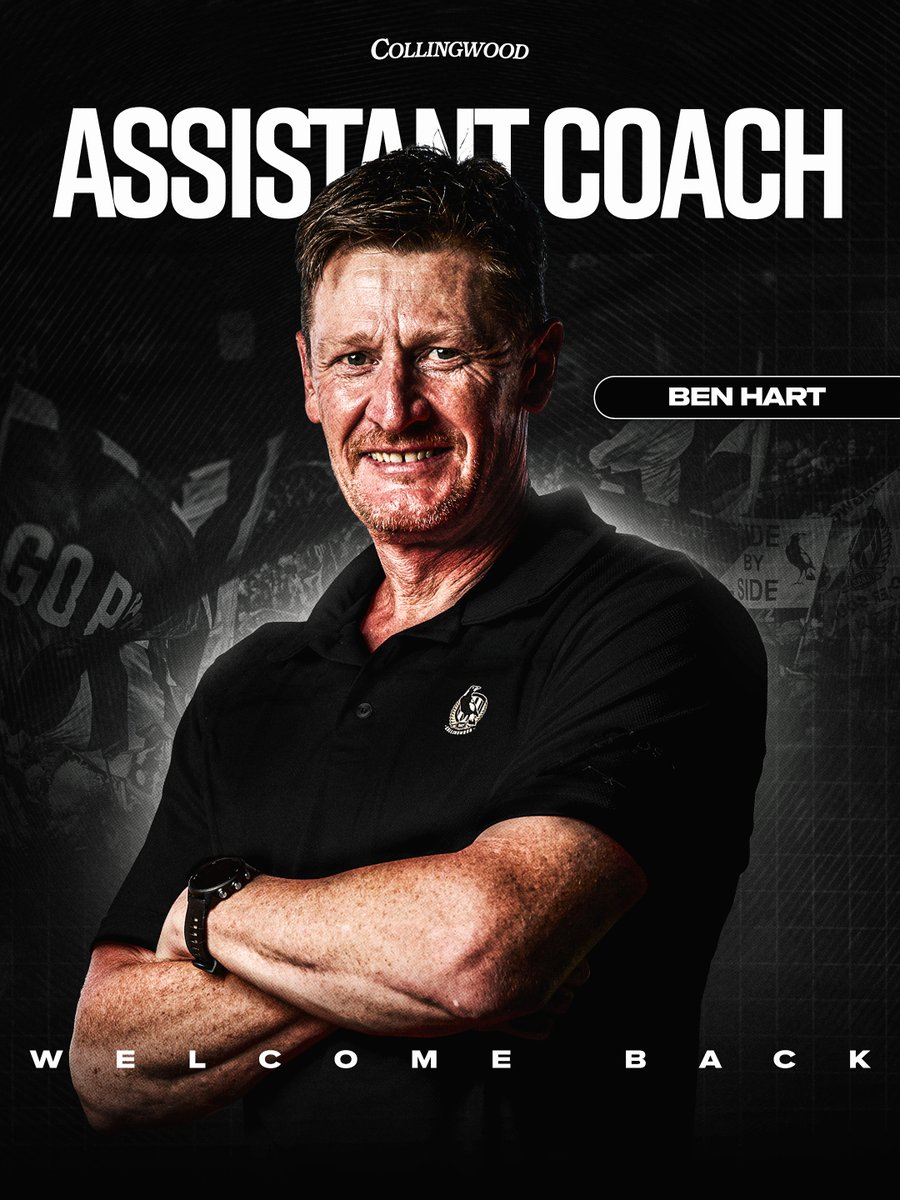CollingwoodFC's tweet photo. 311 game Crow and Australian Football Hall of Famer Ben Hart will join us as an Assistant Coach 🙌

Following his playing career Hart held coaching roles at multiple Clubs including here at Collingwood from 2012 to 2016.

Read more: https://t.co/OyMPcuZjUs https://t.co/laowKRYQwo