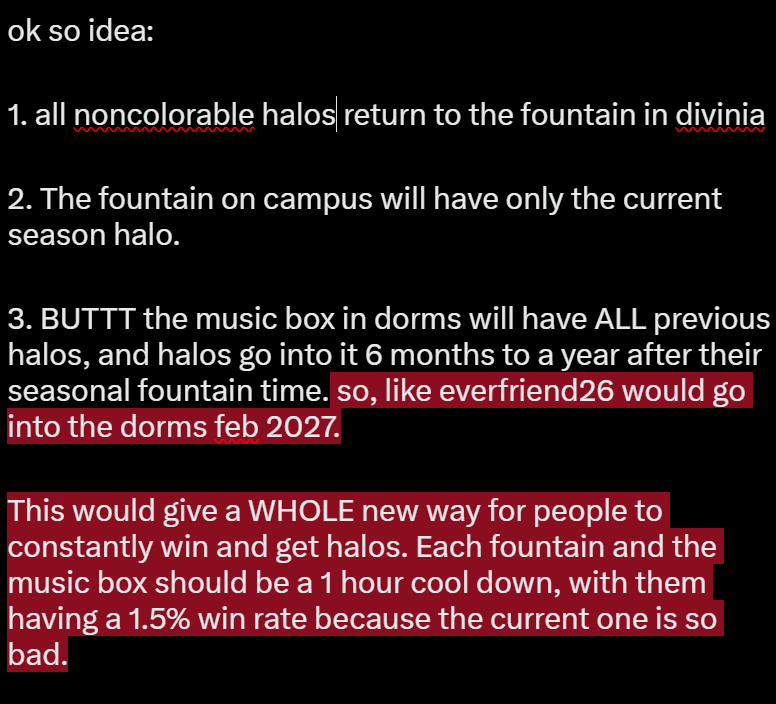 uniiisms's tweet photo. putting this here because there's such an easy fix for the halo system and idk why they wont do it.

imo this would also keep the "rarity" of the halos + all past fountain winners could have their stories still in game. https://t.co/VwuwVk8Sue