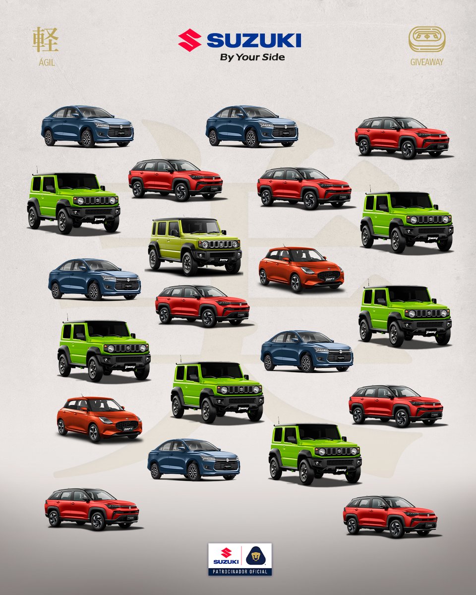 Suzuki_Mex's tweet photo. ¡Giveaway! 😼🎟️
Te llevamos al 🏟️ para que apoyes a @PumasMX 🐾 en su próximo partido.

1️⃣Dale RT a esta dinámica
2️⃣Responde: ¿Cuál es el único auto SUZUKI que no se repite en la imagen?
[Comenta el nombre del 🚘 correcto]
3️⃣Usa: #SUZUKIElMotorDeTuPasión

Los primeros en seguir los pasos correctamente ¡GANAN! 🥳🎉

📍 | Dinámica válida únicamente para CDMX.
🔞 | Solo mayores de edad.
🥳 | Los ganadores serán contactados por mensaje directo, mantén abiertos tus mensajes de X.