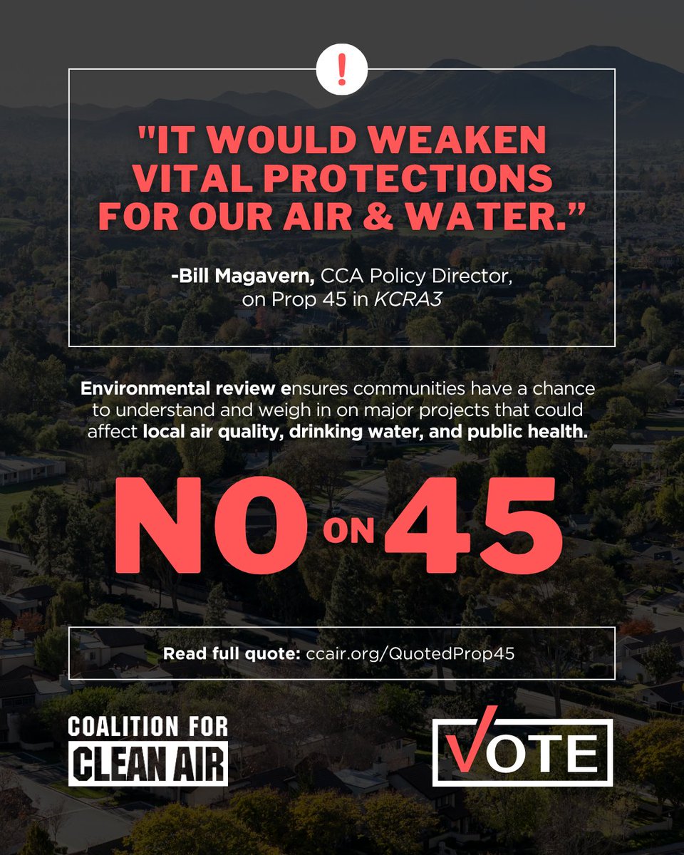 CleanairCA's tweet photo. CCA Policy Director Bill Magavern cautions that faster processes could weaken protections and reduce public input on large projects.

#NoOn45

Read more: https://t.co/wsQXvb64Nr https://t.co/w2mEXjk7US