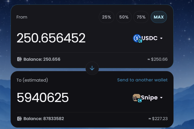 A cryptocurrency wallet swap interface showing 250.656452 USDC being converted to approximately 5940625 Snipe tokens, with MAX, 75%, 50%, and 25% percentage buttons.
