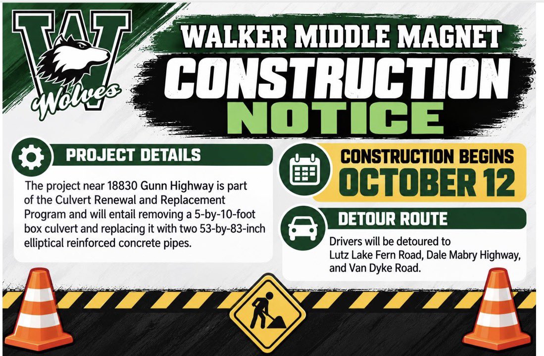 WalkerMiddleIB's tweet photo. Be Prepared! Construction scheduled to begin next week! ⚠️🐺💚 @HillsboroughSch https://t.co/eDT41GWiZQ