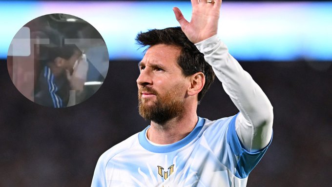 Lionel Messi in an Inter Miami jersey waving, with a circular inset showing a fan crying in the stands.