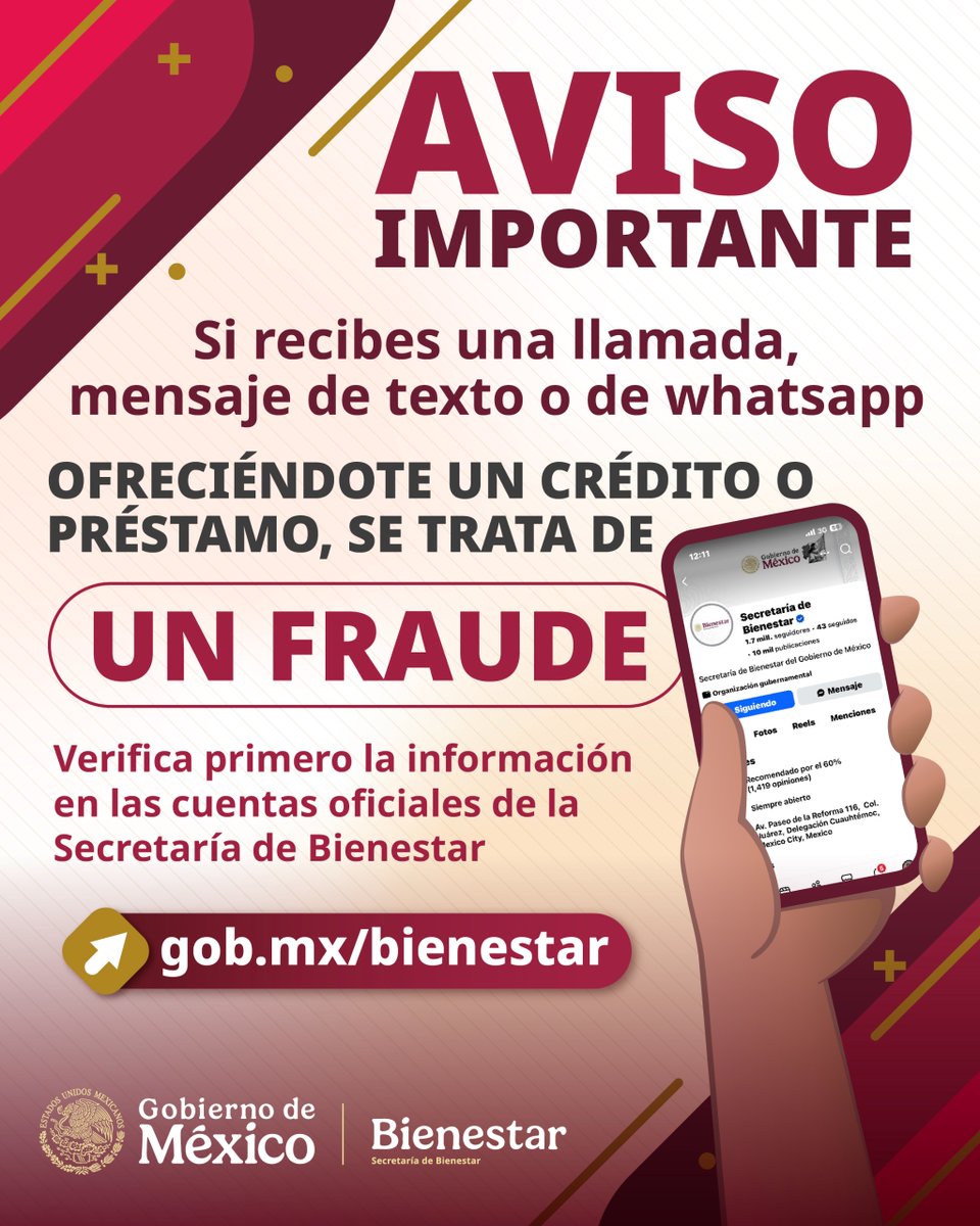 bienestarmx's tweet photo. 🚨 ¡Atención! La Secretaría de Bienestar no ofrece créditos ni préstamos a través de llamadas o mensajes.

Antes de compartir tus datos o realizar cualquier acción, verifica la información en nuestros canales oficiales.

#VerificaAntesDeCompartir
#VerificaAntesDeEnviar https://t.co/YNx6oxA3X8