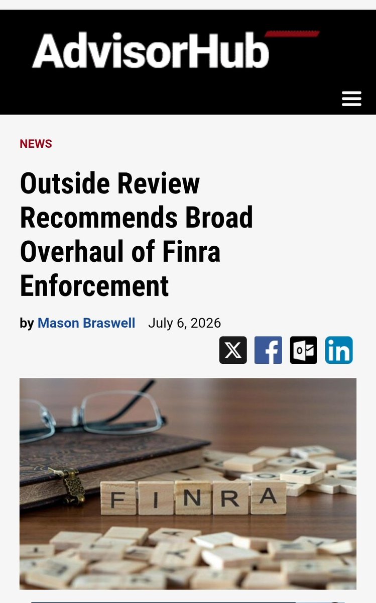 RareDealsHere's tweet photo. The link below is from a July 2026 article concerning recommendations to overhaul FINRA Enforcement.

I pulled a couple quotes directly from the article but I'll also remind the public that FINRA's Head of Enforcement resigned shortly after the events of December 2022, which included FINRA's hijacking of the MMTLP Corporate Action and U3 halting trading before brokerages were able to commence the forced liquidation of short positions and Position Close Only trading they planned for 12/9 & 12/12.

Hopper was at FINRA for about 18 years and she was only Head of Enforcement officially for about two years.

Not long after her departure, Christopher Kelly, who worked with Hopper and who was briefly Acting Head of Enforcement, also resigned (after 9 years) from FINRA along with Lisa Colone of FINRA Enforcement.

From the article:

Finra Chief Executive Robert Cook wrote that what distinguishes the self-regulator is its focus on the “right outcome” rather than “case numbers, fine amounts.” 

“We welcome these recommendations,” Cook wrote. “Finra is committed to drawing on these recommendations to strengthen our enforcement program, make necessary changes, and ensure it is operating in a fair, transparent, and effective manner.”

There's nothing fair or transparent about FINRA breaking their own rules and hiding the truth about knowing there was a problem with MMTLP and MMAT before FINRA overstepped their authority to author the MMTLP Corporate Actions.

The very department responsible for Enforcing the rules (Enforcement), typically when they find wrongdoing on behalf of broker-dealers, just coincidentally abandoned FINRA directly after the biggest scandal they've faced in which FINRA harmed investors by breaking their own rules.

How else do you explain randomly leaving FINRA after 18 years when you were only Head of Enforcement for 2?

Now these suggested changes are gonna allow broker-dealers to fully take advantage of FINRA because their current Head of Enforcement, Bill St. Louis isn't fit for the position... In my opinion!

https://t.co/kHSVTeEjz9
