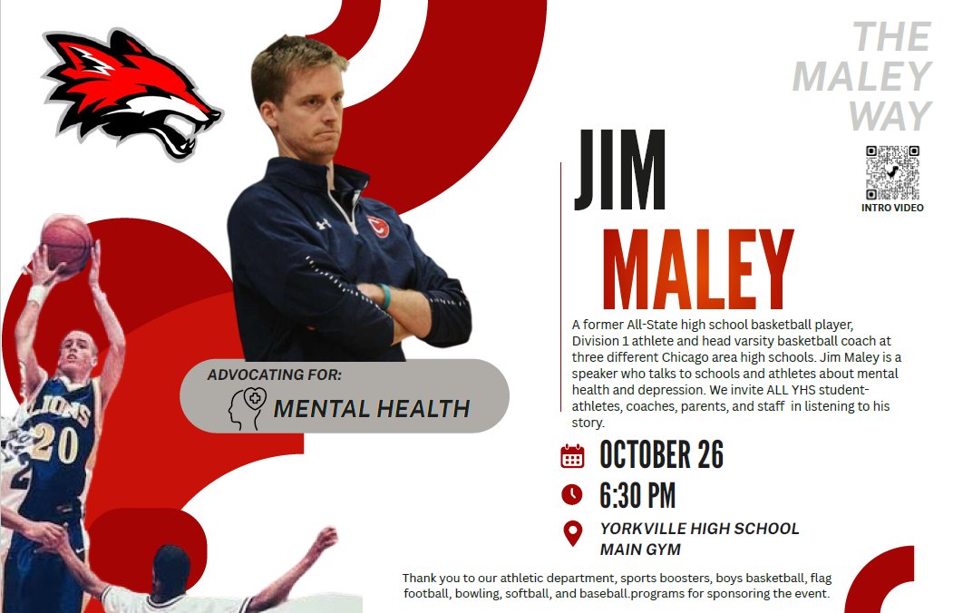 YHSAthletics115's tweet photo. Join the YHS Athletic Department for "The Maley Way" inspiring presentation on mental health &amp; depression awareness, featuring former D1 athlete &amp; head coach Jim Maley.

🗓️ Monday, Oct 26 | 6:30 PM 
📍 YHS Main Gym 
👥 Open to all YHS student-athletes, parents, coaches &amp; staff! https://t.co/JJKjbepnQp
