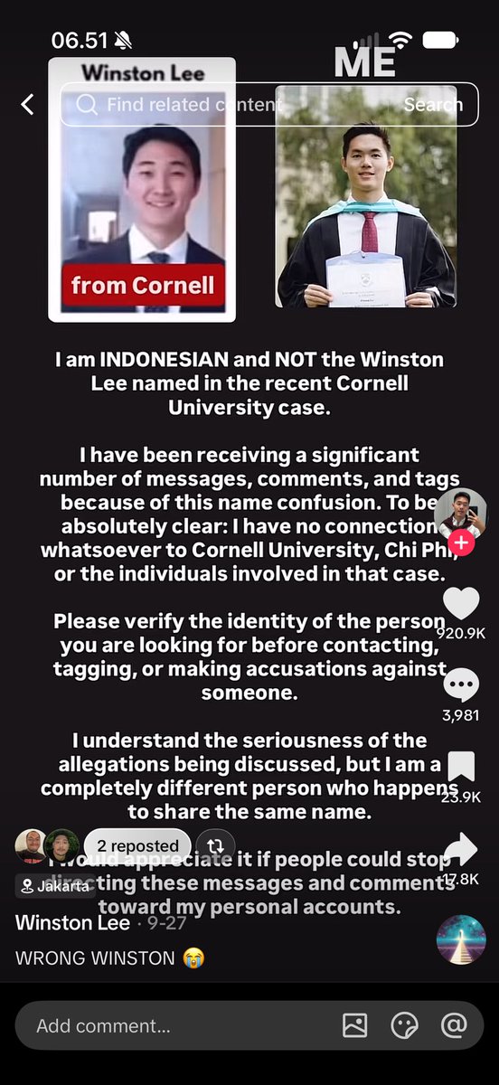 shandya's tweet photo. There’s another Winston Lee from Indonesia who had to issued a statement after also facing the online mobs. https://t.co/A27ZV8VfJx