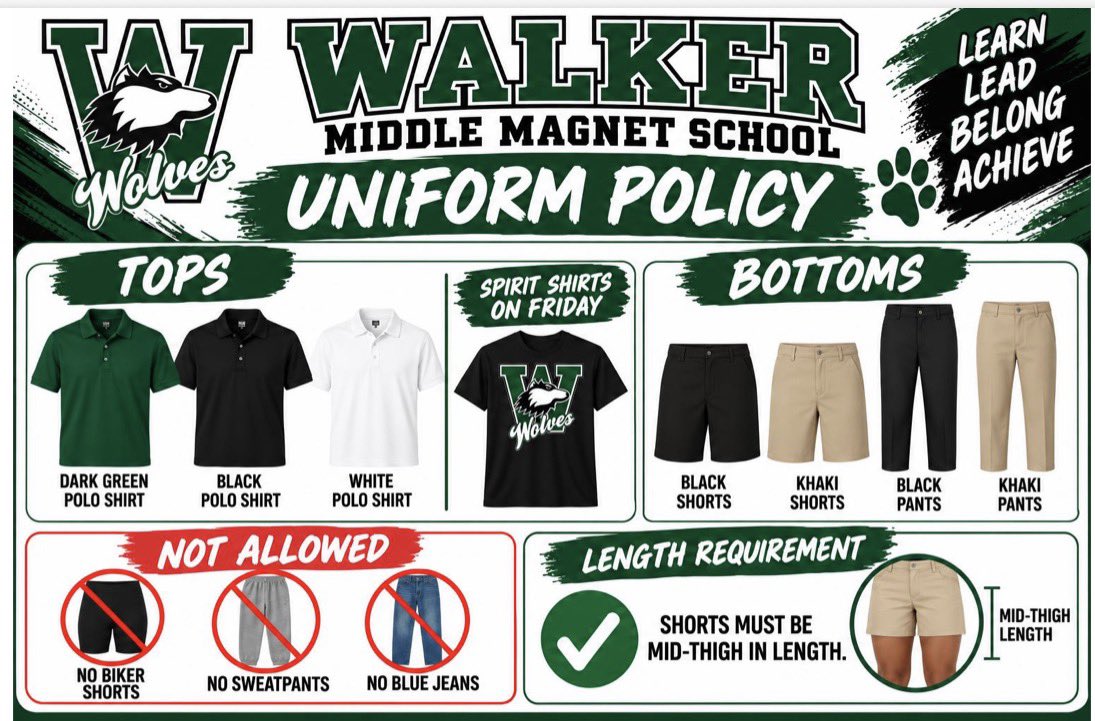 WalkerMiddleIB's tweet photo. Reminder! Please help ensure students are dressing appropriately for school. 💚🐺 @HillsboroughSch https://t.co/mG7kEQi4eI