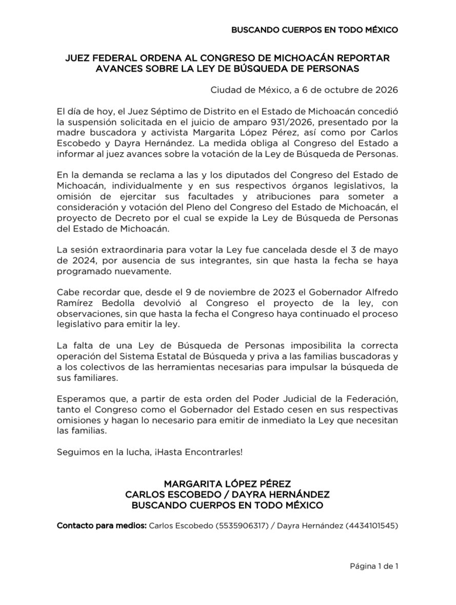 ivillasenor's tweet photo. 🔴 | JUEZ EXHIBE A DIPUTADOS DE MICHOACÁN: DOS AÑOS SIN VOTAR LA LEY DE BÚSQUEDA DE PERSONAS

El Juez Séptimo de Distrito en Michoacán concedió la suspensión en el amparo 931/2026, promovido por la activista Margarita López Pérez y los abogados Carlos Escobedo y Dayra Hernández.

La medida obliga al Congreso del Estado a informar periódicamente los avances para someter a votación el Decreto 459, que expide la Ley de Búsqueda de Personas de Michoacán.

La demanda reclama la omisión de los diputados de ejercer sus facultades para votar el proyecto.

La última sesión extraordinaria convocada para ello, el 3 de mayo de 2024, fue cancelada por ausencia de los legisladores, sin que se haya reprogramado desde entonces.

El gobernador @ARBedolla había devuelto el proyecto con observaciones el 9 de noviembre de 2023; a la fecha, el Congreso no ha retomado el proceso legislativo.

Sin esta ley, el Sistema Estatal de Búsqueda de Michoacán no puede operar de manera correcta, lo que priva a familias y colectivos de las herramientas legales para impulsar la búsqueda de sus desaparecidos.
