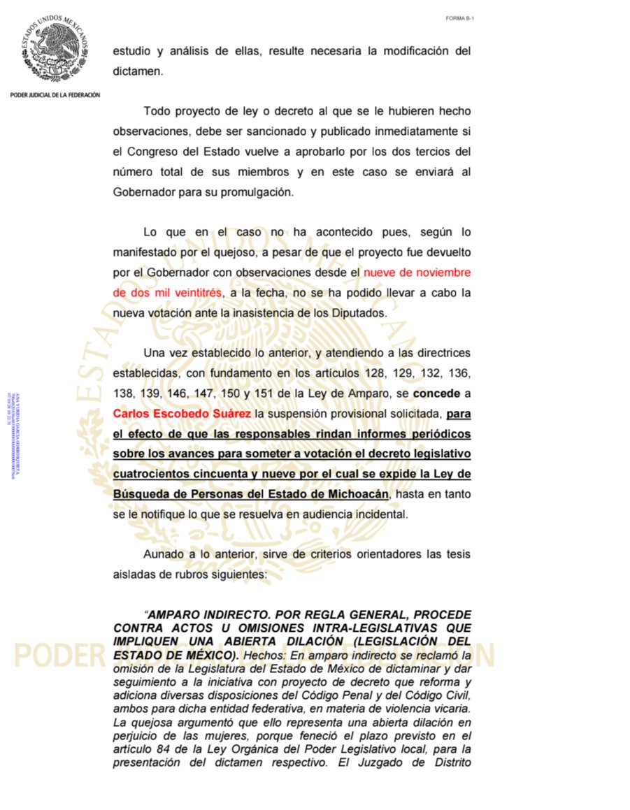 ivillasenor's tweet photo. 🔴 | JUEZ EXHIBE A DIPUTADOS DE MICHOACÁN: DOS AÑOS SIN VOTAR LA LEY DE BÚSQUEDA DE PERSONAS

El Juez Séptimo de Distrito en Michoacán concedió la suspensión en el amparo 931/2026, promovido por la activista Margarita López Pérez y los abogados Carlos Escobedo y Dayra Hernández.

La medida obliga al Congreso del Estado a informar periódicamente los avances para someter a votación el Decreto 459, que expide la Ley de Búsqueda de Personas de Michoacán.

La demanda reclama la omisión de los diputados de ejercer sus facultades para votar el proyecto.

La última sesión extraordinaria convocada para ello, el 3 de mayo de 2024, fue cancelada por ausencia de los legisladores, sin que se haya reprogramado desde entonces.

El gobernador @ARBedolla había devuelto el proyecto con observaciones el 9 de noviembre de 2023; a la fecha, el Congreso no ha retomado el proceso legislativo.

Sin esta ley, el Sistema Estatal de Búsqueda de Michoacán no puede operar de manera correcta, lo que priva a familias y colectivos de las herramientas legales para impulsar la búsqueda de sus desaparecidos.