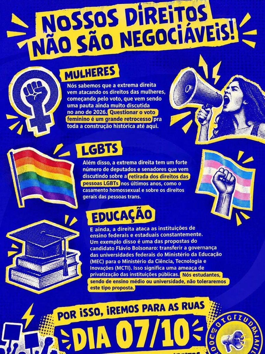 protestudantil's tweet photo. Quando vemos a direita ganhando palco na nossa sociedade, nós, não importa quem somos - mulheres, negros, Igbts e estudantes, precisamos nos posicionar sobre!

‼️FAÇAM CARTAZES E DIVULGUEM
📢 07/10 12h
📍Candelária em direção à Cinelândia https://t.co/rVLKtloTsM
