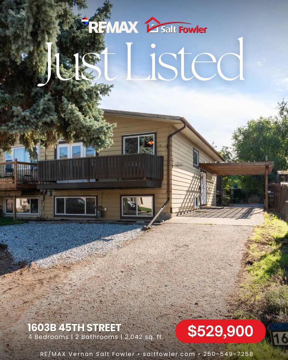 SaltFowlerBC's tweet photo. β¨ Bright and flexible 4-bedroom, 2-bathroom half duplex set on an oversized 0.14-acre lot in South Vernon.
π 1603B 45TH Street
π² $529,900
#JustAddSalt #SaltFowler #RemaxVernon #VernonRealtor #VernonRealEstate https://t.co/kawsJoqNdF