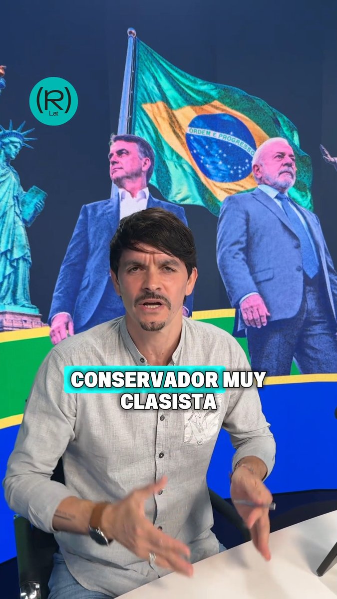 A man in a grey shirt speaks to the camera in what appears to be a video segment, with text overlay reading 'CONSERVADOR MUY CLASISTA' (Very classist conservative), set against a background featuring the Brazilian flag and political figures.