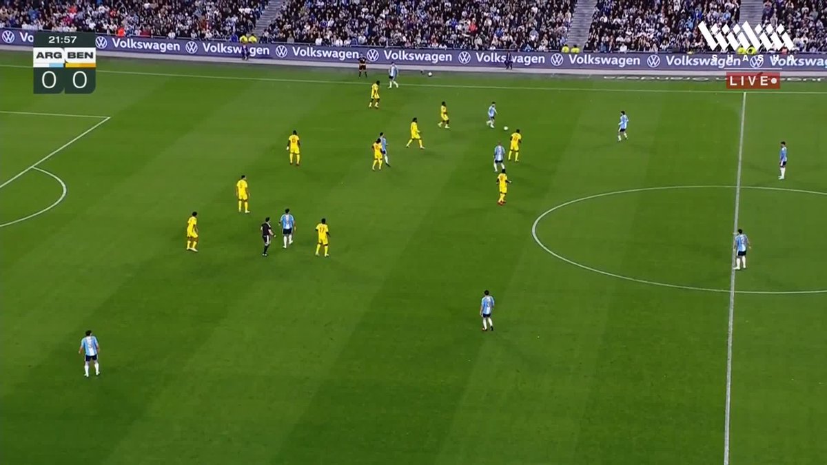 A soccer match between Argentina (ARG) and Benin (BEN) is underway, with the score tied 0-0 at 21:57, as players in light blue and yellow jerseys position themselves on the field during what appears to be Lionel Messi's retirement match. The scene captures a moment of buildup play in the midfield, likely preceding one of Messi's signature passes highlighted in the accompanying post.