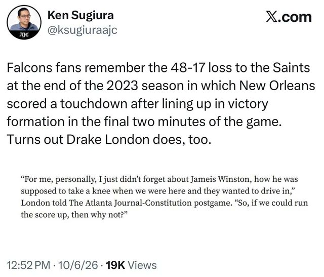 GAFollowers's tweet photo. Drake London on why the Falcons ran the score up. 💯 https://t.co/iOGlHGujFM