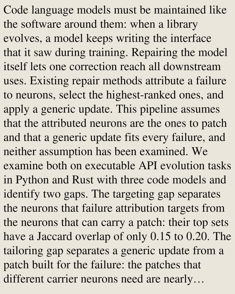 ComputerPapers's tweet photo. Mind the Gaps: From Failure Attribution to Closed-Form Repair of Code Language Models

Jian Gu, Hongyu Zhang, Chunyang Chen, Aldeida Aleti
https://t.co/mR3vzneiUN [𝚌𝚜.𝚂𝙴 𝚌𝚜.𝙲𝙻 𝚌𝚜.𝙻𝙶] https://t.co/dr2fbvCkD8
