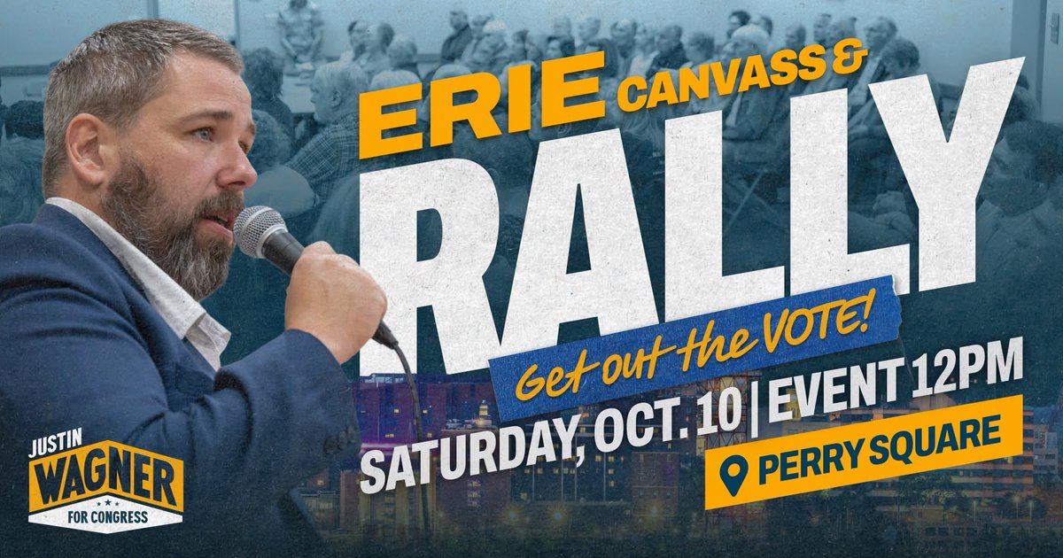 JustinWagnerPA's tweet photo. Rally @ Perry Square
Sat Oct. 10th. Noon to 2pm
570-601 State St., Erie, PA 16501
Let's come together, celebrate our democracy, and show how strong our grass roots movement is! Join me in Erie as we rally for the issues that matter most.
Justin Wagner for https://t.co/5f7gC1vU94 https://t.co/0p5ZMbYT3r