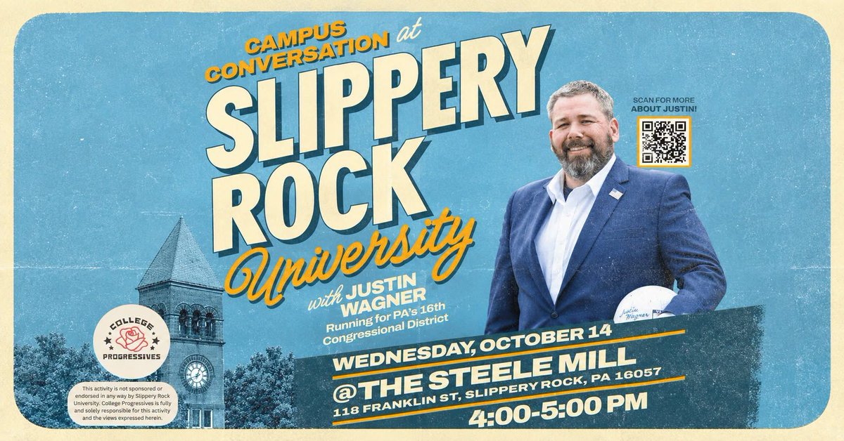 JustinWagnerPA's tweet photo. Campus Conversation at Slippery Rock University 
Justin Wagner For Congress
Wednesday October 14th, 4-5:00pm
At the Steele Mill
Slippery Rock, Pennsylvania
118 Franklin St, Slippery Rock, PA 16057 https://t.co/hoTeQOaQIy