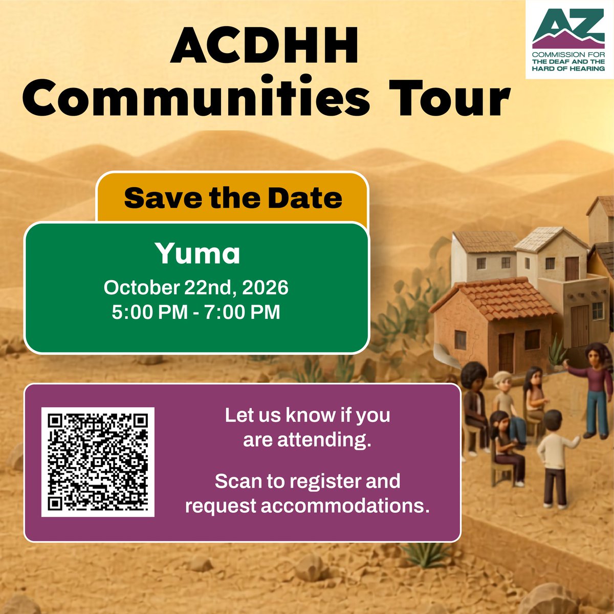AzCDHH's tweet photo. The ACDHH Communities Tour is heading to Yuma!

Join Executive Director Nikki Soukup &amp; team to connect, share resources, and discuss local D/HH/DB priorities.

Oct 22 | 5-7 PM
ASL &amp; CART provided
Location TBA

Register: https://t.co/vzviIz1rYt https://t.co/gIlGxznJXS