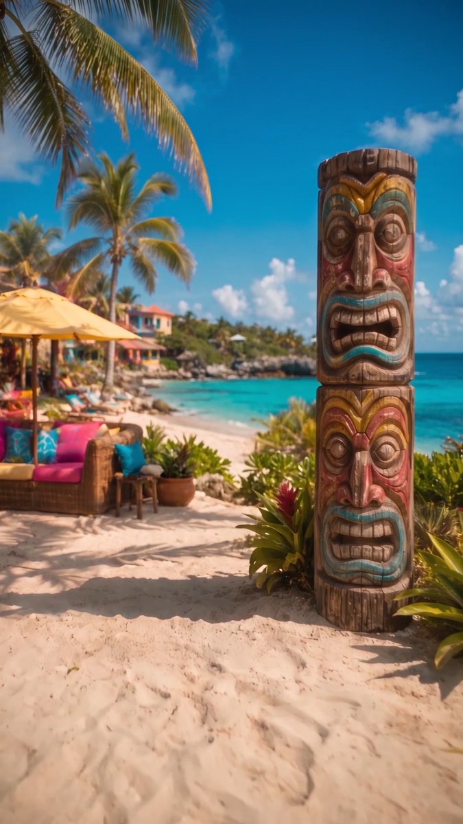A vibrant tropical beach scene features a tall, carved wooden tiki totem statue with two faces in the foreground. In the background, a yellow umbrella shades a lounge area with colorful pillows, overlooking turquoise water and palm trees.