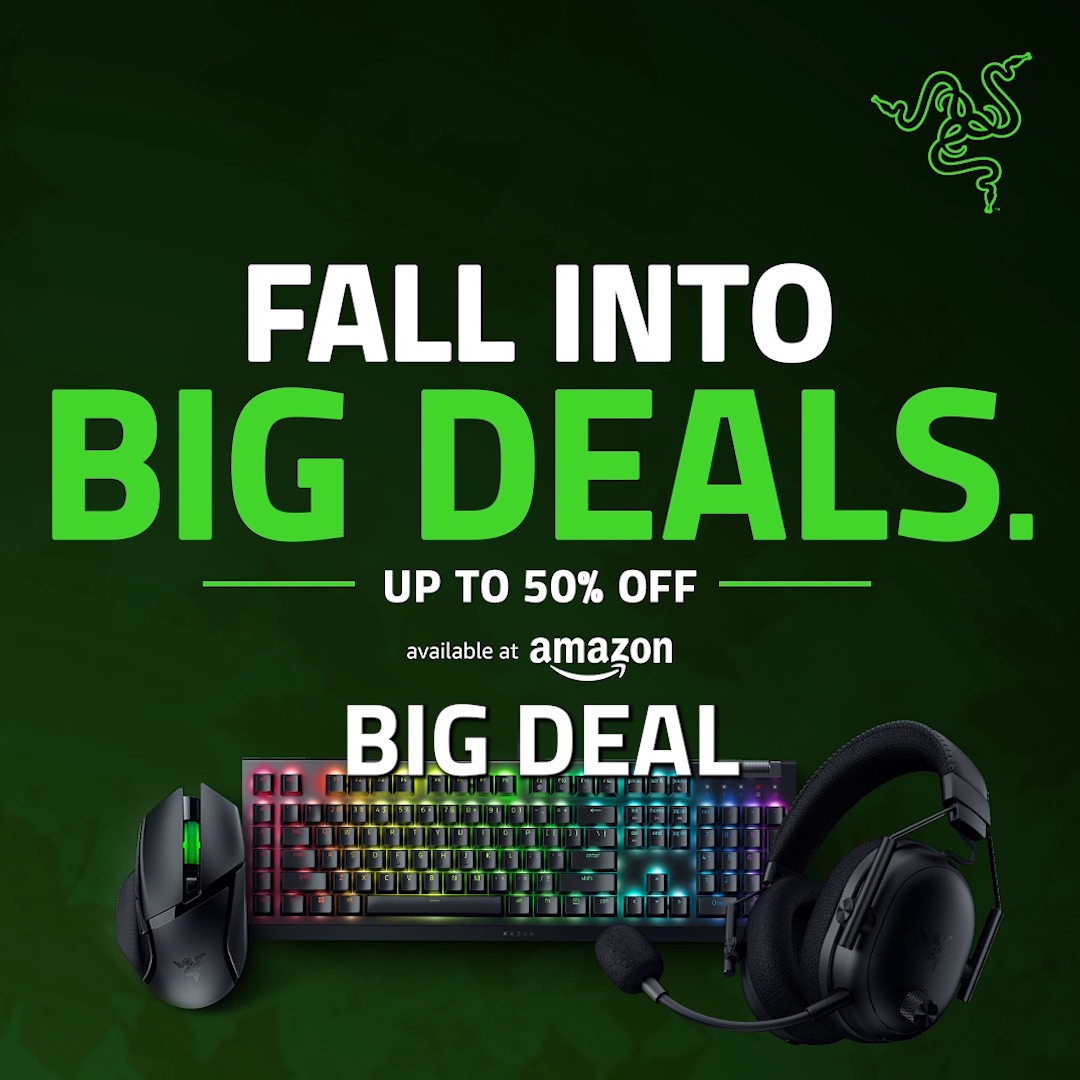 A Razer promotional graphic with a dark green background advertises "FALL INTO BIG DEALS. UP TO 50% OFF available at amazon BIG DEAL," featuring the Razer snake logo in the top right corner and images of a gaming mouse, RGB keyboard, and headset at the bottom, tying into the Prime Big Deal Days promotion with exclusive discounts on gaming gear.