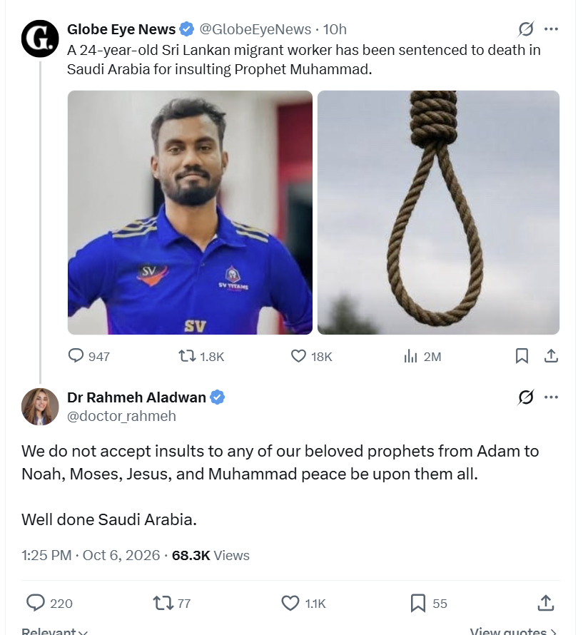 ASFleischman's tweet photo. It's remarkable that a woman can complain about free speech in Britain while supporting execution for blasphemy in Saudi Arabia.

This might be one of those paradox of tolerance situations. https://t.co/OeAhVyJpqN