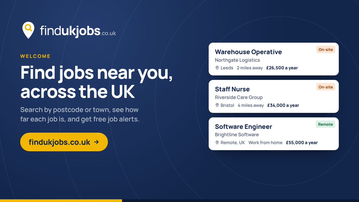wefindukjobs's tweet photo. Hello from Find UK Jobs. Search jobs near you by postcode or town, see how far each one is, filter remote, hybrid or on-site, and get free job alerts.

Start your search: https://t.co/e0g08R9Mpm

#UKJobs #JobSearch https://t.co/WfiAHkg7MR