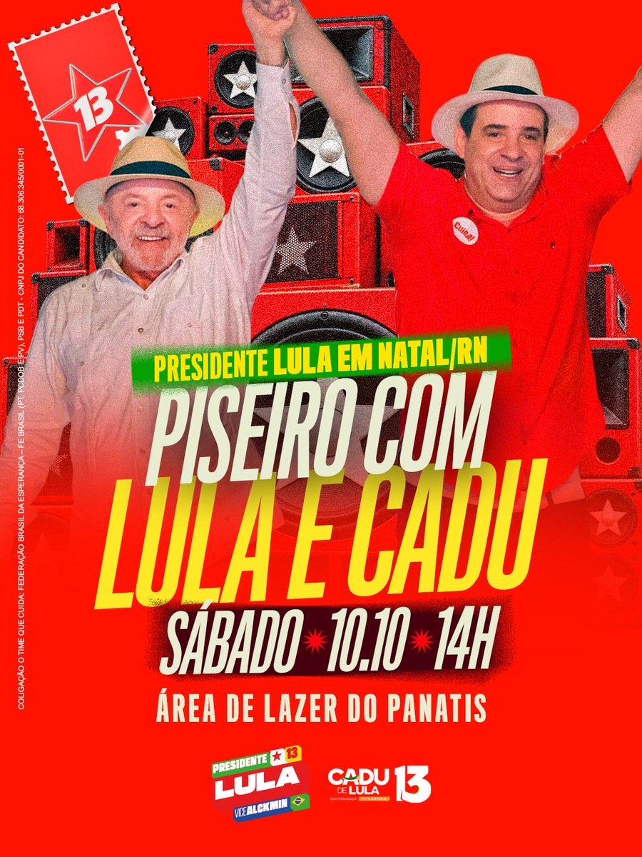 caduxavier's tweet photo. O PRESIDENTE LULA VEM AÍ! 🌟❤️

Neste sábado, é dia de irmos às ruas para mostrar a força do nosso povo e reafirmar que o Rio Grande do Norte quer seguir avançando ao lado de @lulaoficial! Cuida! 🚀

📍 Área de Lazer do Panatis
📅 10 de outubro | 14h https://t.co/ZfO2SL4rlU