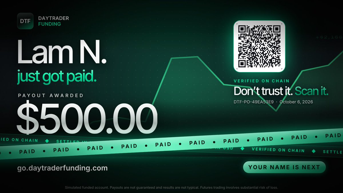 DayTraderFundin's tweet photo. Verified on chain. Don't trust it, scan it. 🔍

No daily loss limit. No consistency rule. Keep 80%.

Your name is next 👉🏻https://t.co/SOWExJOYjq

#FuturesTrading #PropFirm #FundedTrader https://t.co/nQIZ48YyES