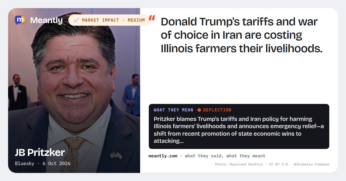 Meantlyhq's tweet photo. 🔥 JB Pritzker: “Donald Trump's tariffs and war of choice in Iran are costing Illinois farmers their livelihoods.”

Pritzker blames Trump's tariffs and Iran policy for harming Illinois farmers' livelihoods and announces…

#JBPritzker #Iran #Tariffs #Agriculture #Politics https://t.co/px0b1MOHep