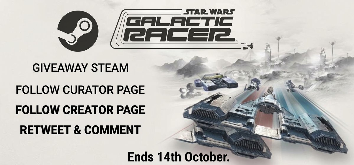madethisformma's tweet photo. 🚨GIVEAWAY: STAR WARS: Galactic Racer 

Gifting 1 copy of the game for Steam PC.

To Enter:

1️⃣ Follow my Steam Curator:  https://t.co/hz7n5V57VO 
2️⃣ Like &amp; RT 🔄 

3️⃣ Comment Done after all steps.

🗓️ Ends Oct 14 
#StarWars #Gaming #PC #GamingGiveaway #Steam #PCGaming #Giveaway https://t.co/EjBty3IPke
