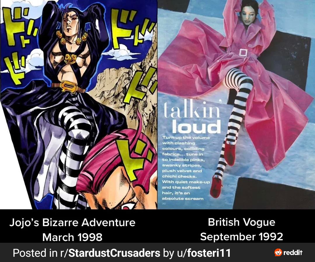 MagnafoxOdyssey's tweet photo. This is what Hirohiko Araki has been doing for 40 years. He often draws from female fashion models when designing and posing his male characters. https://t.co/FadYtlBsQ0