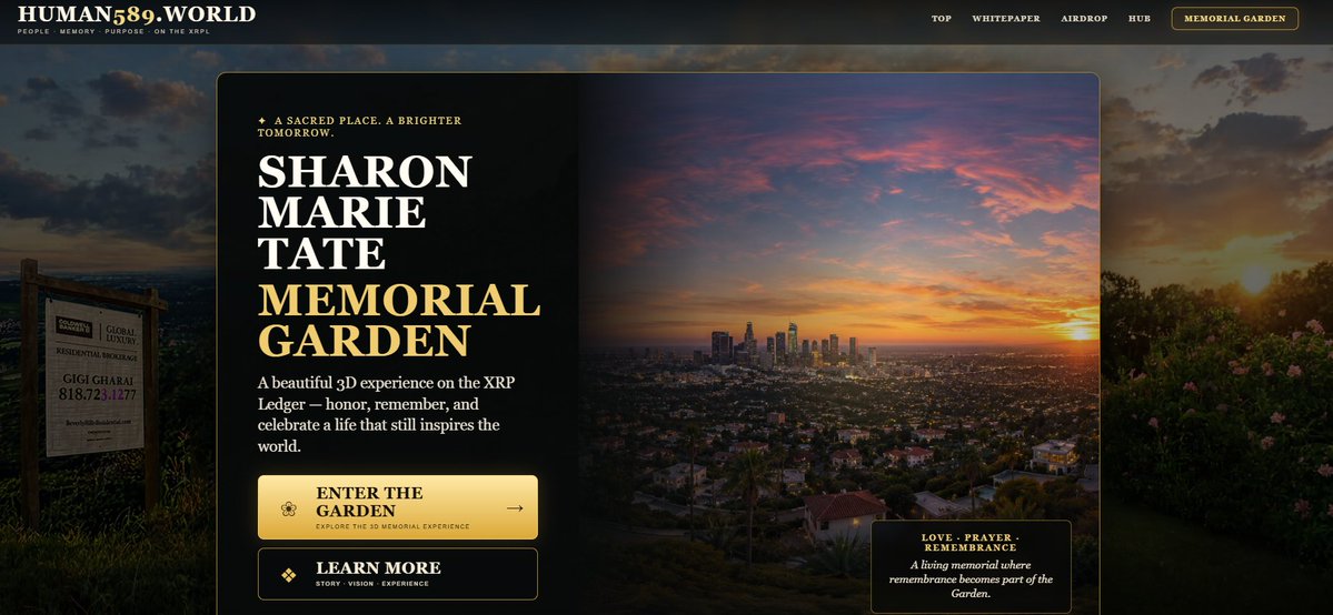 589Human's tweet photo. The Sharon Marie Tate Memorial Garden now has a front door on the https://t.co/1xJ0BGtNyA main site. 🌹

Explore the 3D Garden, honor a loved one with a parcel, leave remembrances, make wishes, visit the Eternal Flame &amp; more.

Enter:

https://t.co/BJCsBWD7et

#XRPL @NFTRiddler https://t.co/tdtyYOUBYC