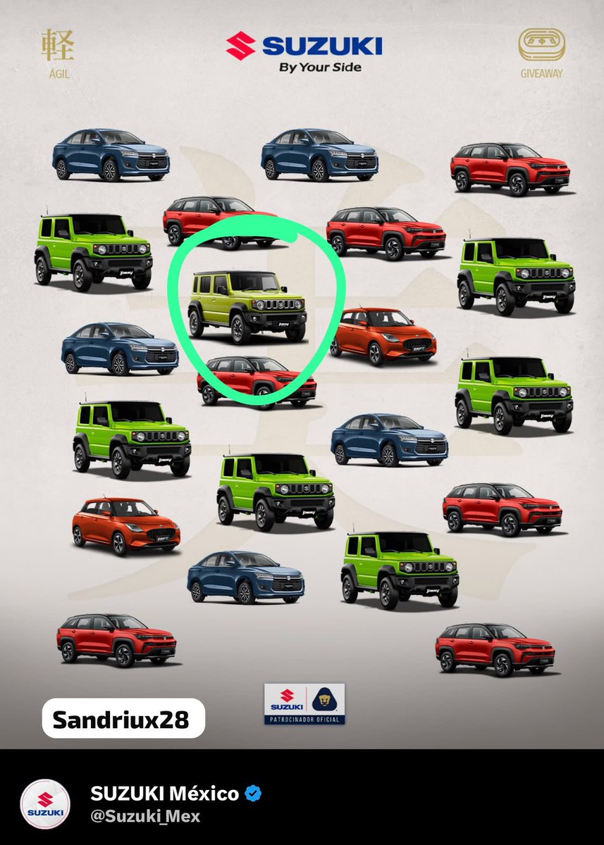 sandriux28's tweet photo. @Suzuki_Mex @PumasMX #SuzukiElMotorDeTuPasion  

JiMMy 5 puertas !! 🚙 https://t.co/sBDOSpU1Be